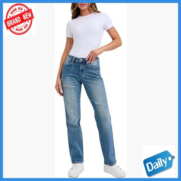 Mid Rise Straight Leg Destroyed Dad Jeans 32 Inseam Premium Cotton Blend
